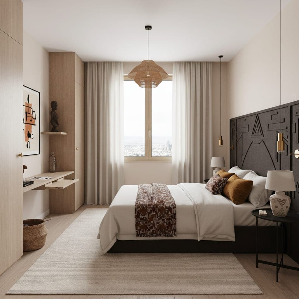 Chambre deluxe avec tête de lit sculptée et vue urbaine