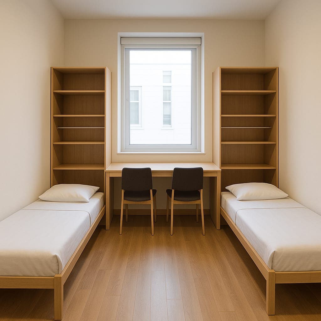 Chambre double pour étudiants avec deux lits et bureaux