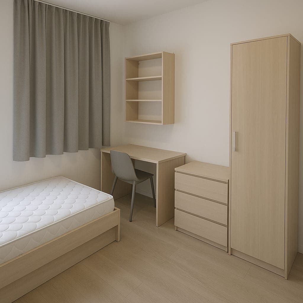 Chambre étudiante simple avec bureau et rangements