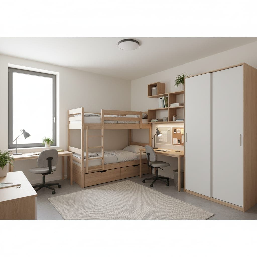 Chambre étudiante avec lits superposés et double bureau