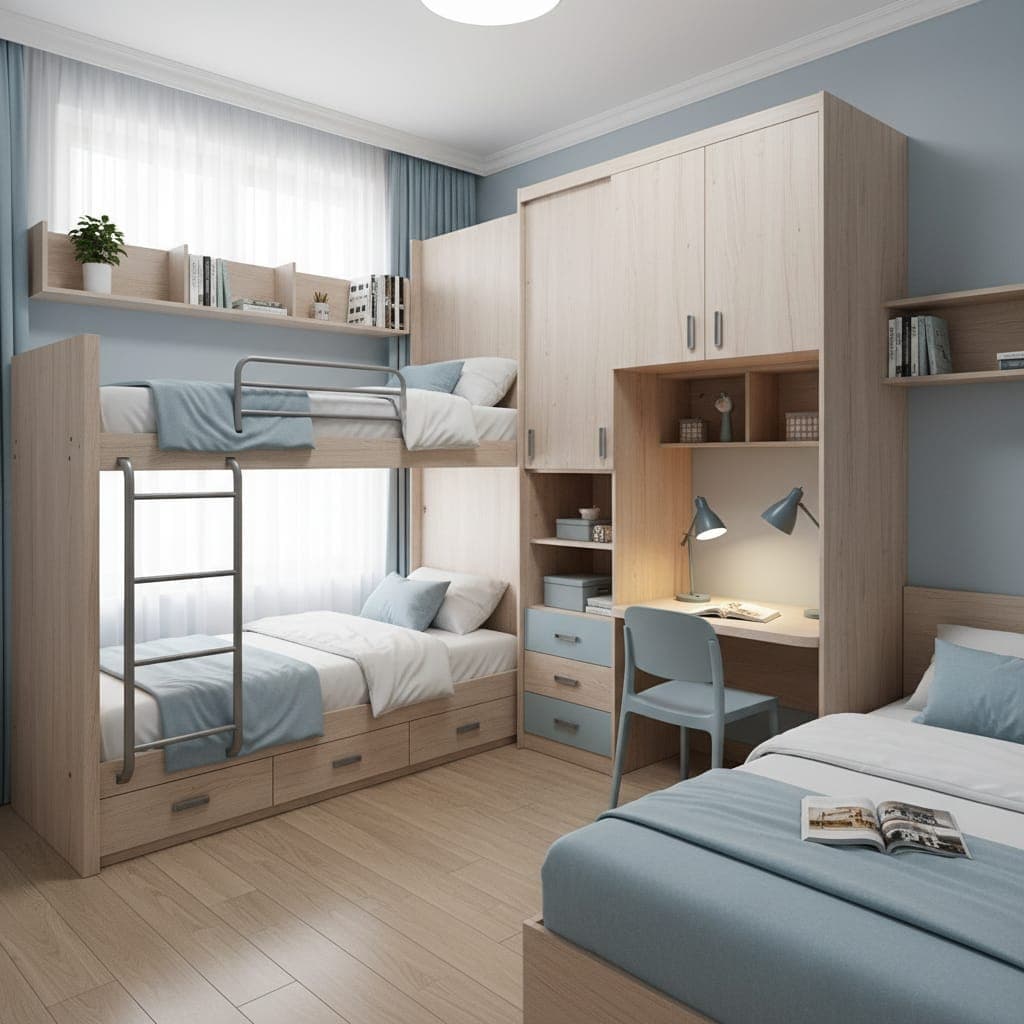 Chambre partagée aux tons bleus avec lits superposés