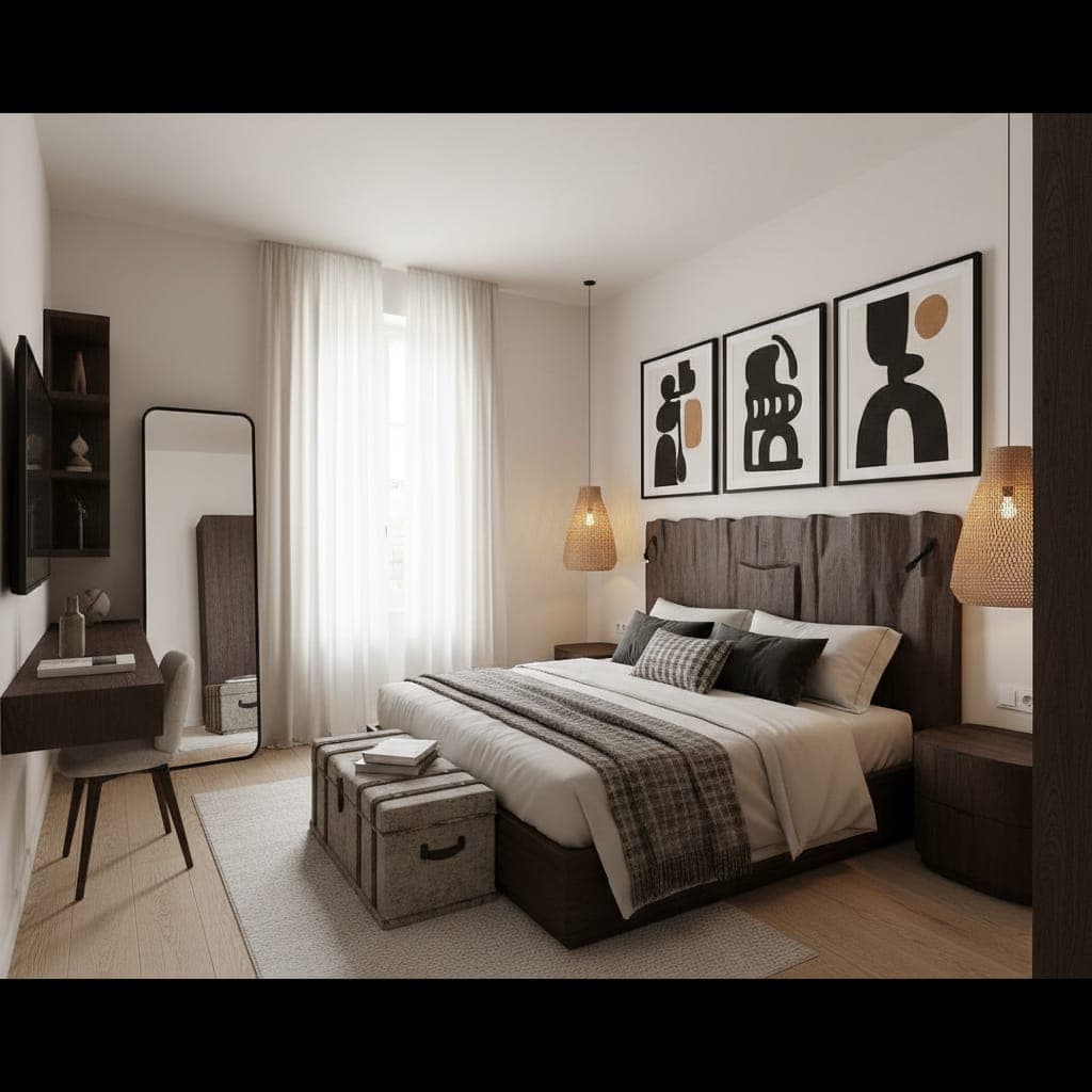 Chambre RBNB contemporaine avec tête de lit en bois